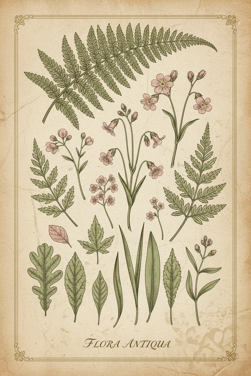 Vintage botanical illustration with wildflowers, ferns and leaves on aged parchment background