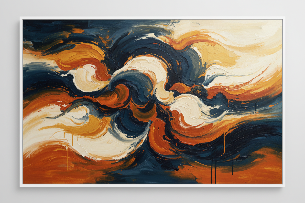 Bold abstract art print with navy, burnt orange, gold and cream brushstrokes on canvas